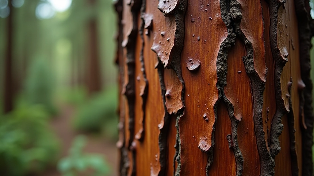 Detalle de corteza roja de arrayán, textura lisa, con gotas de humedad en el bosque patagónico de Chubut