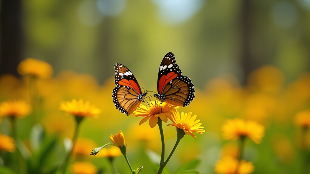 Mariposas locales en flores silvestres del bosque de Lago Puelo, colores variados en ambiente natural