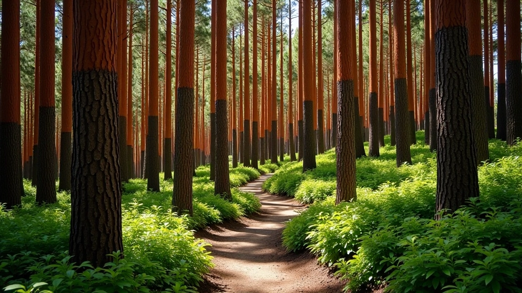 Bosque de arrayanes en Chubut, troncos rojizos de los árboles nativos, sendero entre vegetación densa
