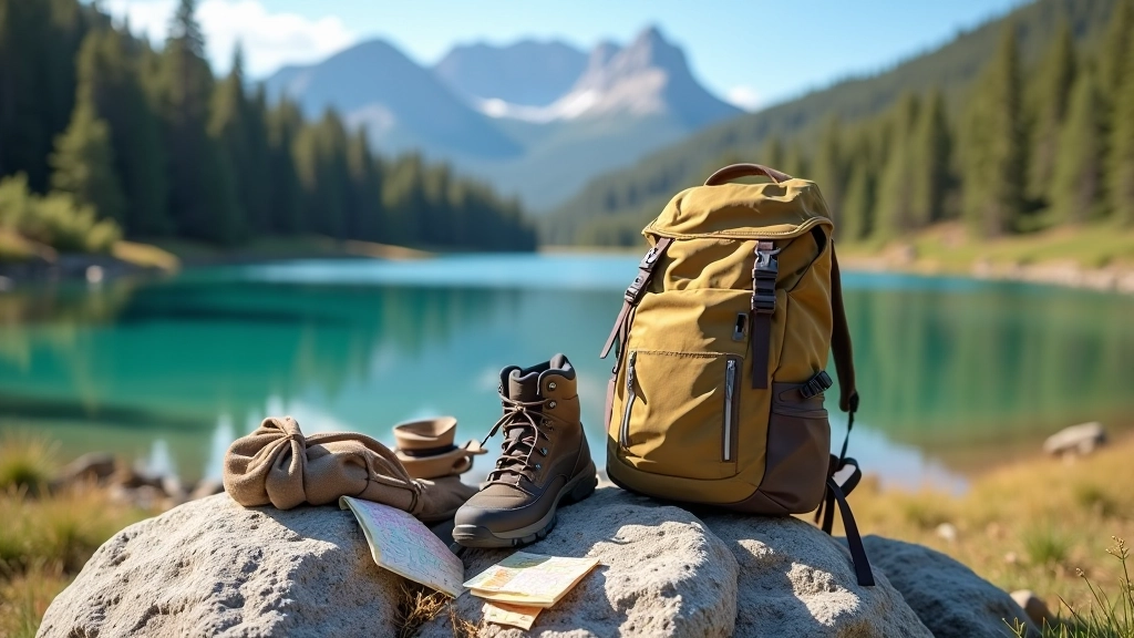 Mochila de senderismo sobre una roca, botas de trekking, botella de agua, snacks y mapa de senderos visibles