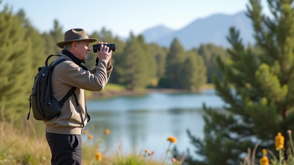 Persona mayor observando la fauna local cerca del lago, mariposas y pájaros nativos, momento de observación tranquilo