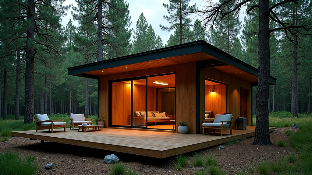 Cabaña moderna en claro del bosque, terraza de madera, ambiente acogedor con luz natural