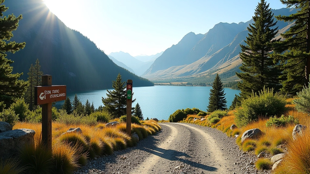 Estacionamiento de acceso al Lago Puelo con señalización clara, sendero marcado al fondo, luz matutina