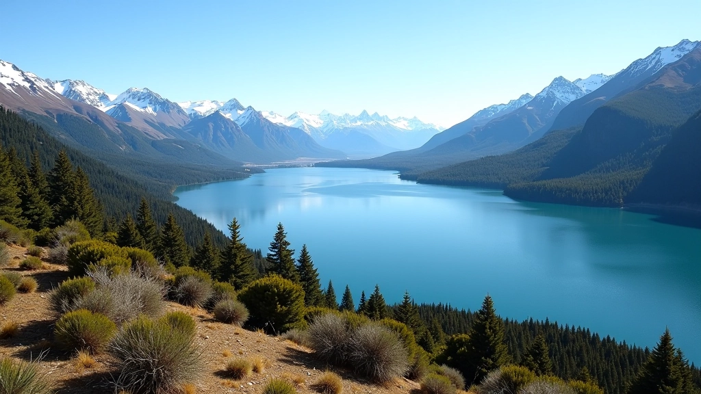 Vista panorámica del Lago Puelo desde un mirador elevado, montañas nevadas al fondo, bosque de coníferas en las laderas