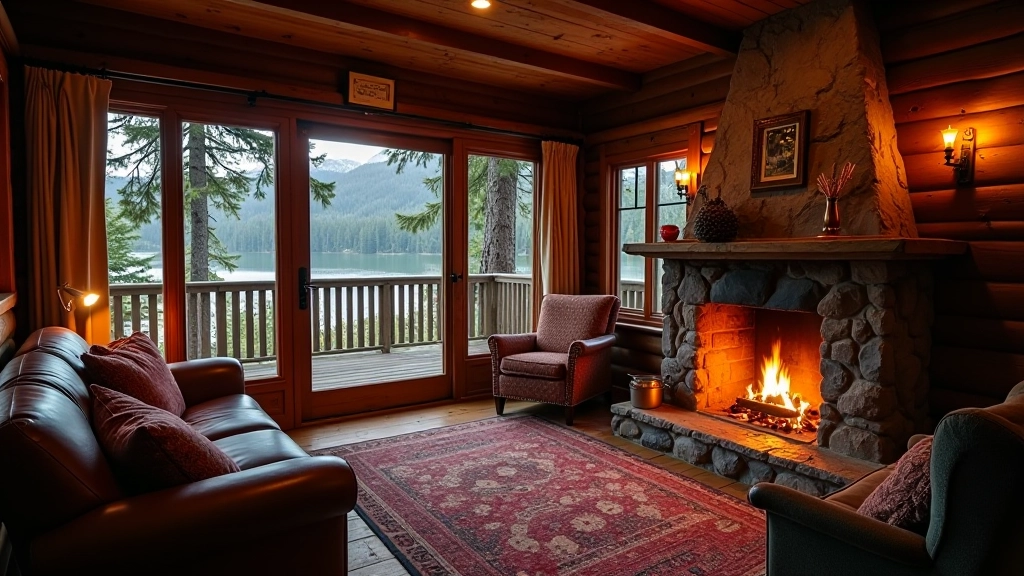 Interior acogedor de cabaña rústica con chimenea, decoración natural y luz cálida