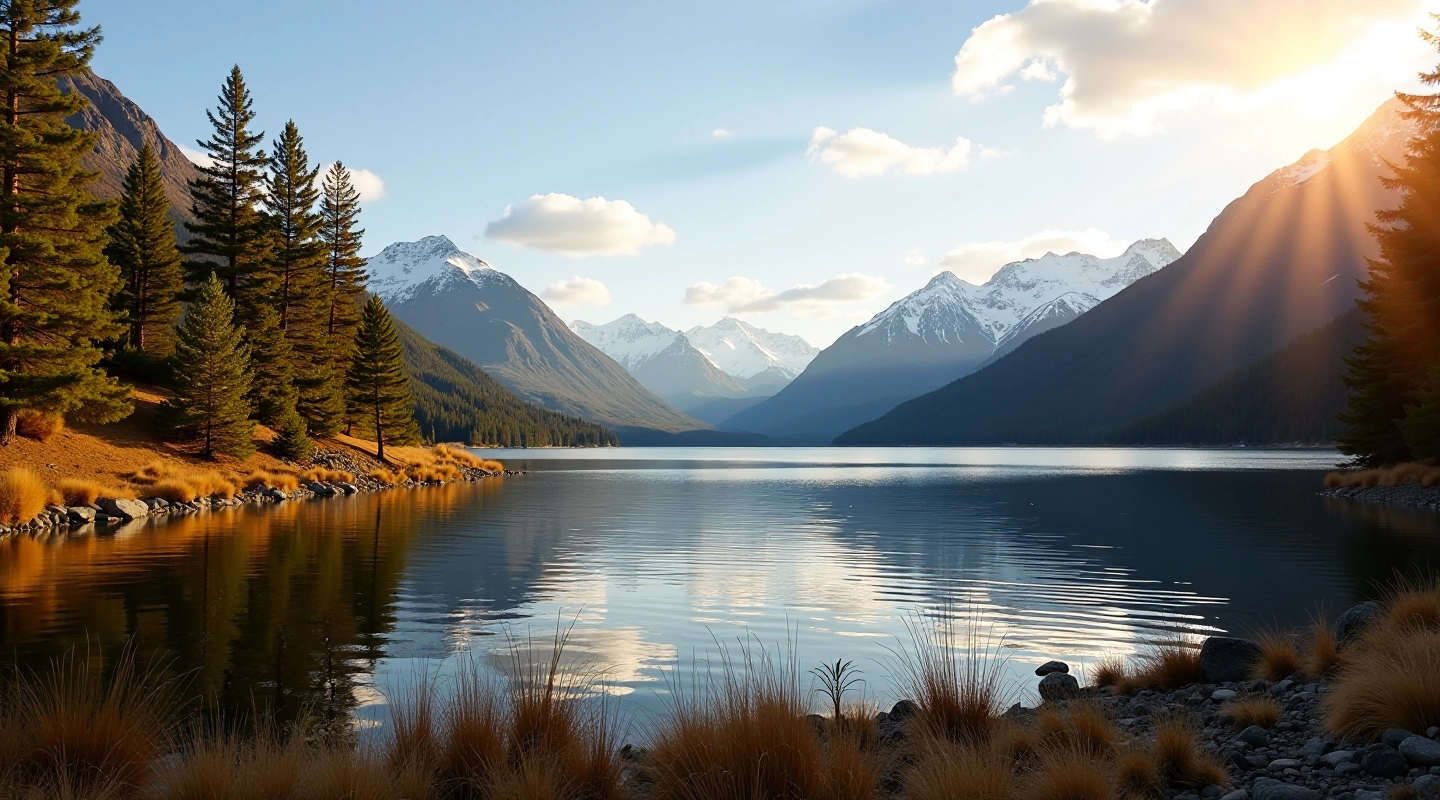 Lago Puelo con montañas nevadas al fondo, bosque de arrayanes en primer plano, luz dorada del atardecer