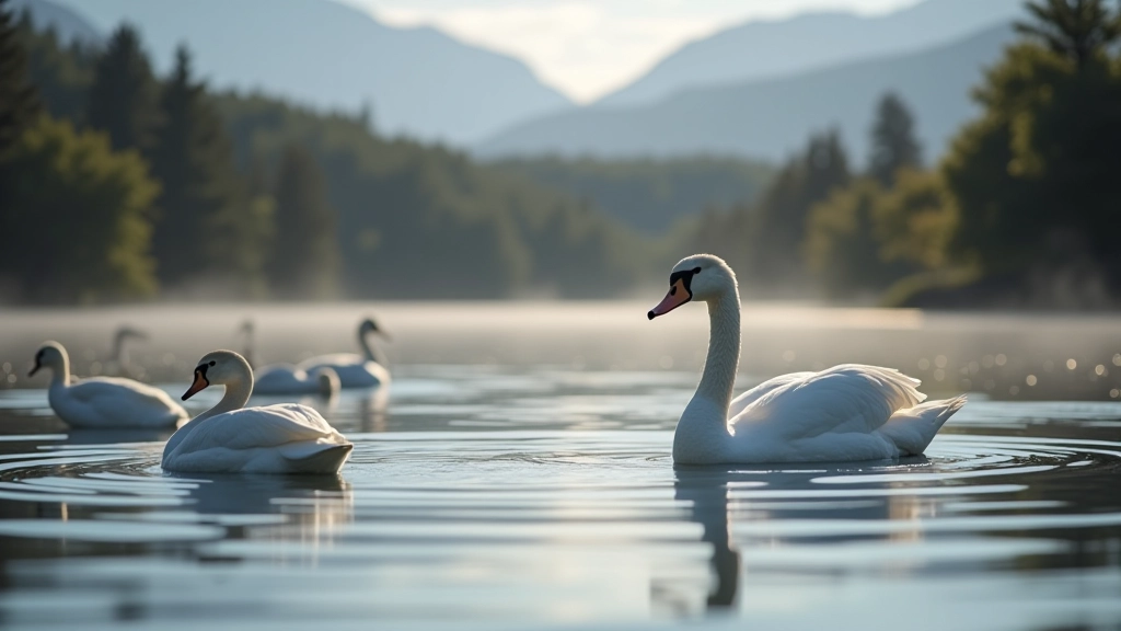 Grupo de aves acuáticas en el Lago Puelo, cisnes negros y patos en el agua tranquila, reflejo en el lago